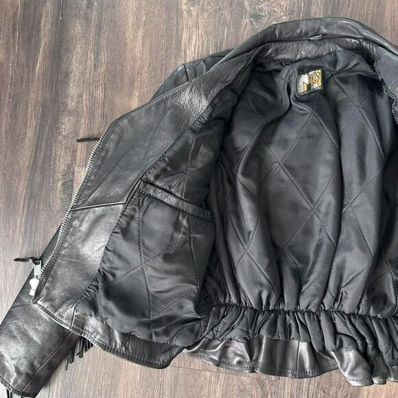 Vintage Leather Fringe Motorcycle Jacket Zip Up Collared Pinup Greaser Sz Medium - Picture 3 of 7
